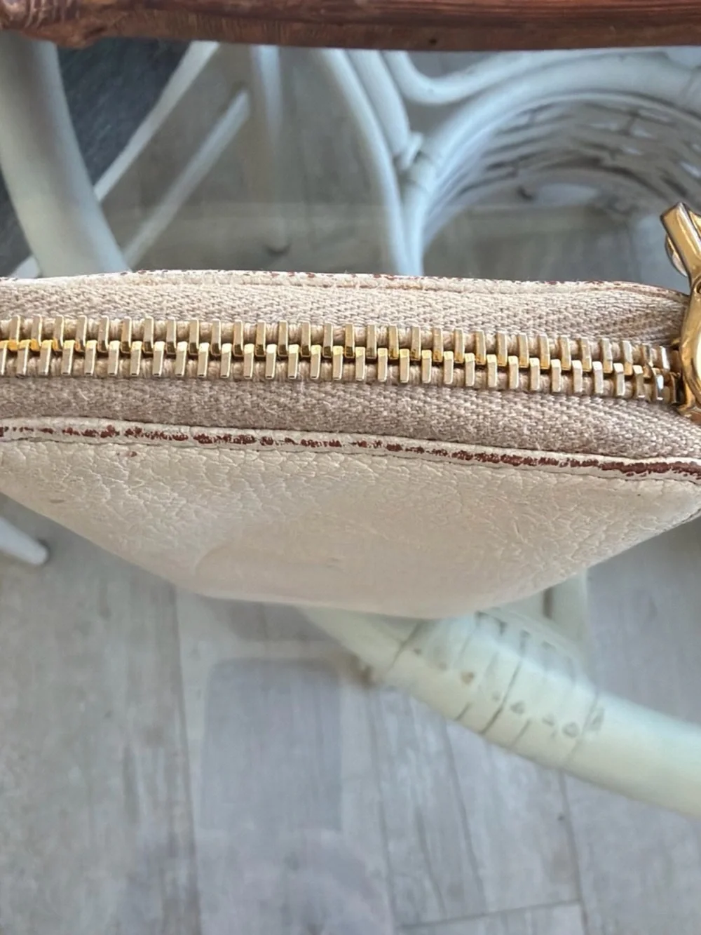 Miu Miu Cream Leather Zip Wristlet with Gold Logo
